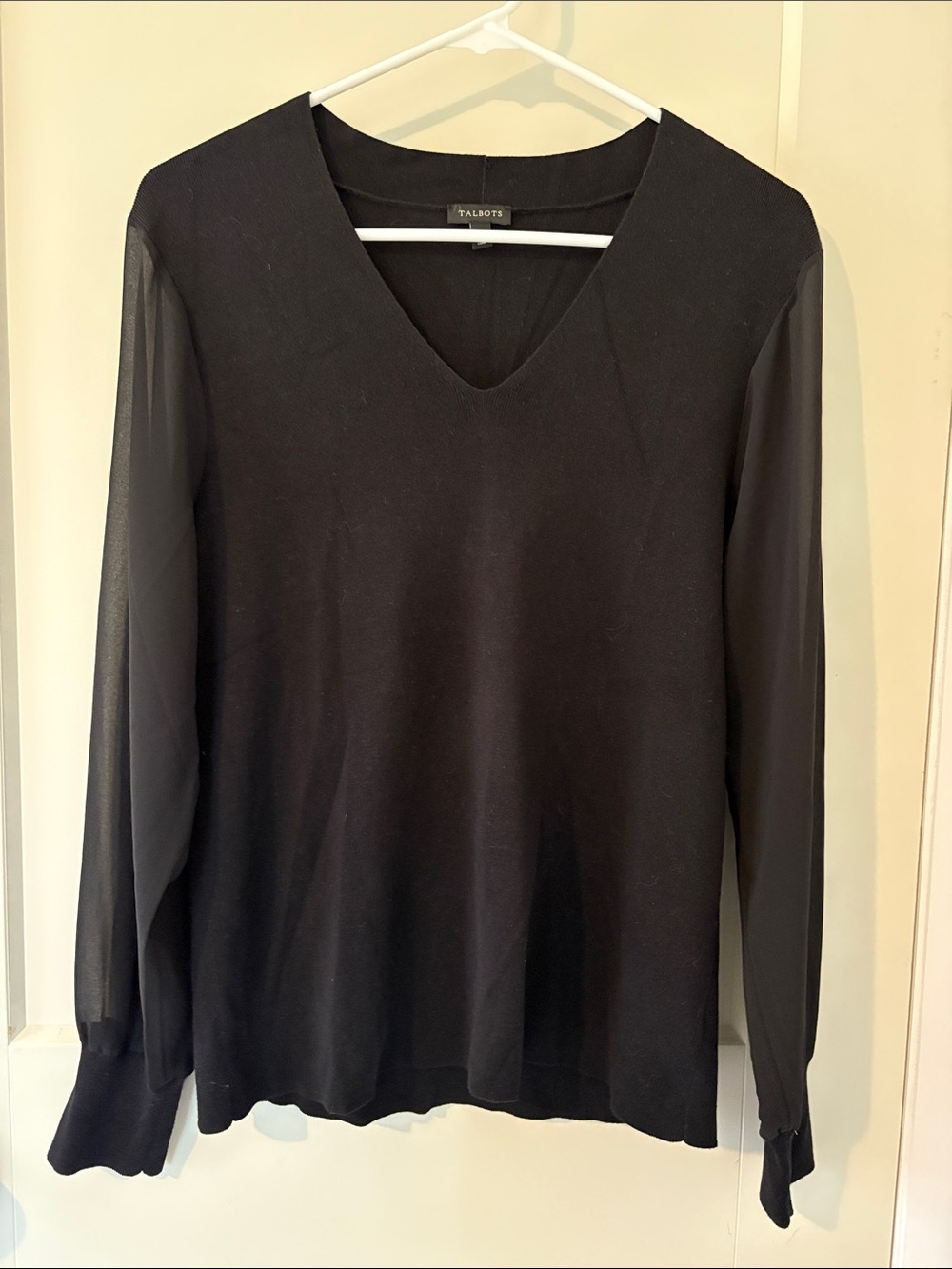 Talbots Black V-Neck Long Sleeve Top with Sheer Sleeves
